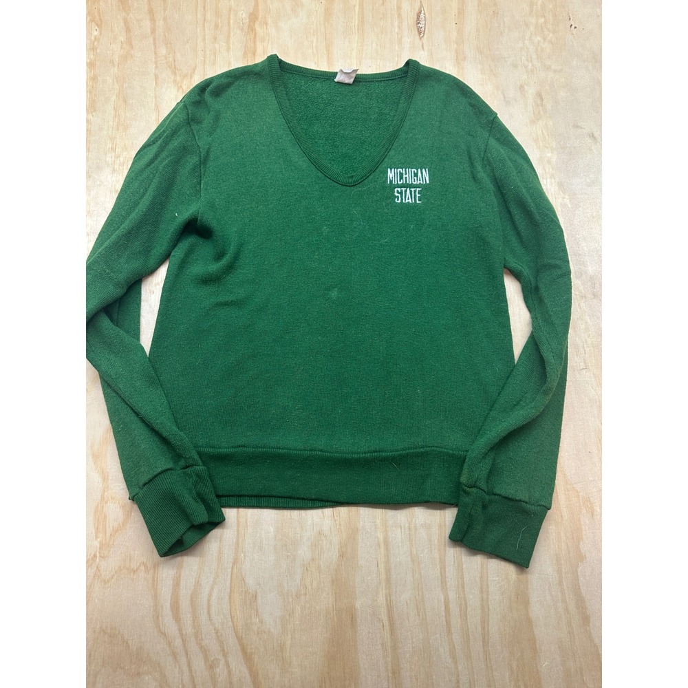 Vintage Champion Michigan State Spartans V-Neck Sweatshirt Green Medium MSU